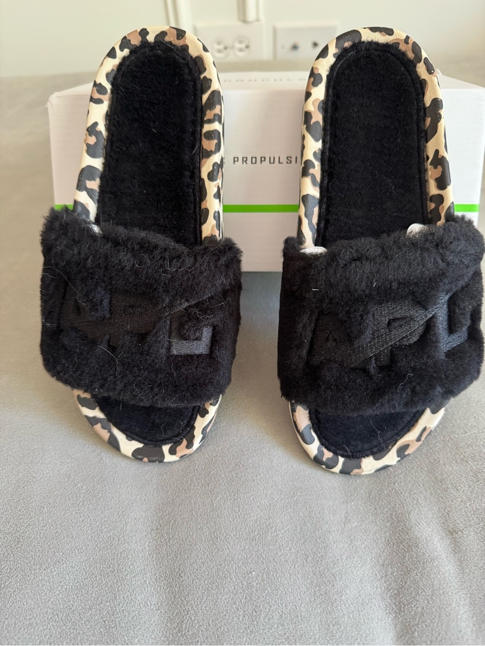 APL Black Shearling Slide Sandals with Leopard Trim